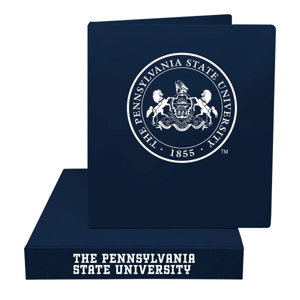 navy binder with white Pennsylvania State University Seal on front, The Pennsylvania State University on spine